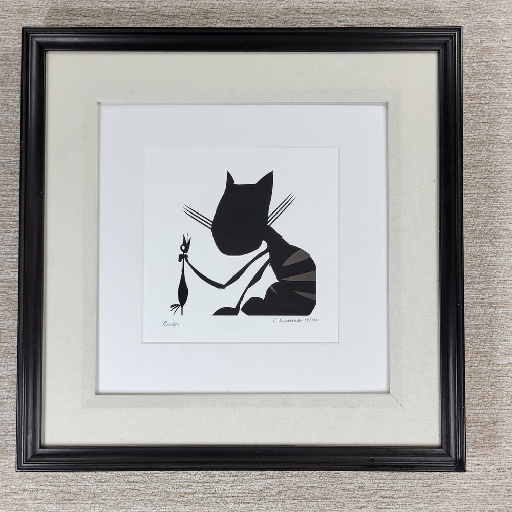 Chuck Wimmer Birder Art Print Cat Bird Silhouette Signed 19/120 Framed Black